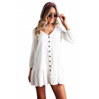Sleeved Button Down Black Casual Short Dress White